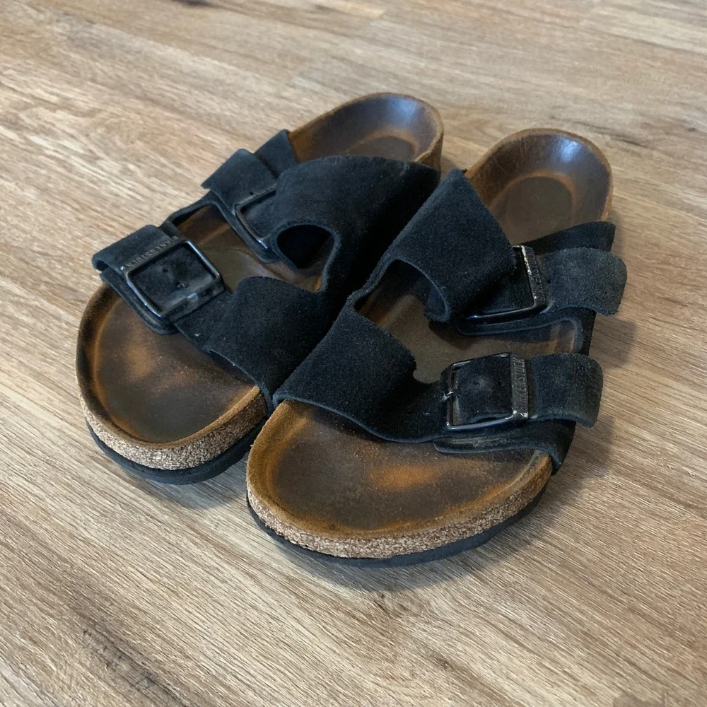 Birkenstock Arizona Suede Leather Sandals Black Two Strap Slides Mens 38 EU